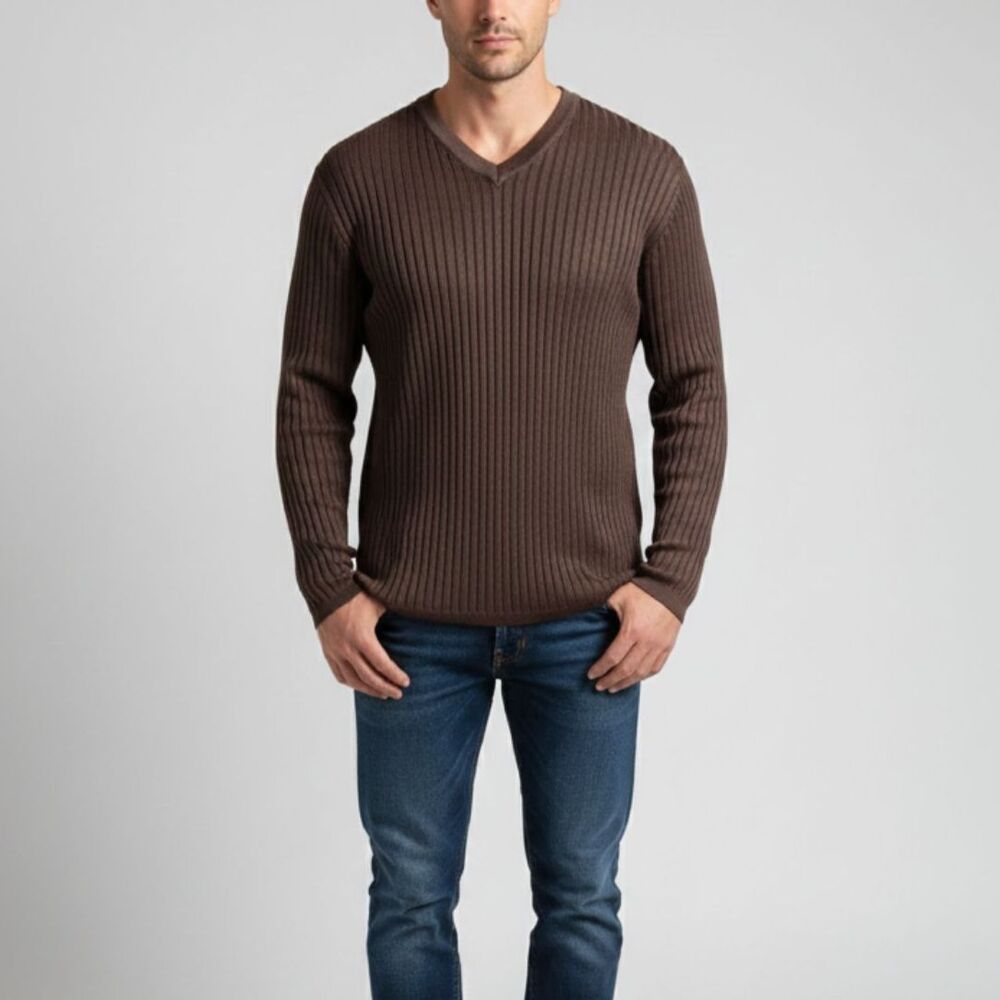 Mens 100% Silk VTG Claiborne Brown Ribbed V-Neck Sweater Sz L Old Money Preppy